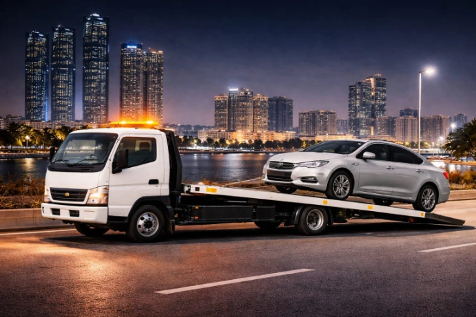 24/7 car towing service in Abu Dhabi at night transporting vehicle safely
