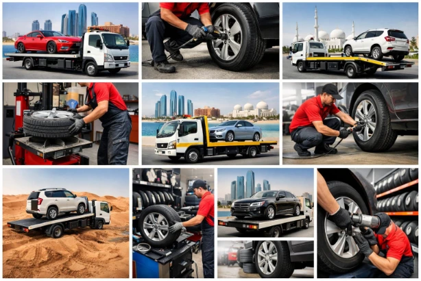 Car recovery services in Abu Dhabi including towing, repair, and tyre service collage