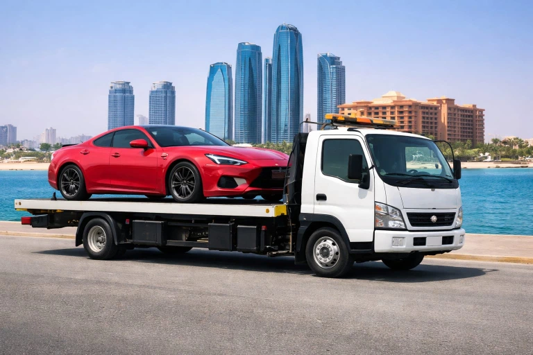 Flatbed car towing service in Abu Dhabi transporting a red car safely