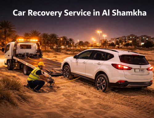 Car recovery in Al Shamkha at night