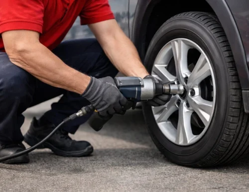 Roadside car repair service in Abu Dhabi fixing vehicle wheel with tools